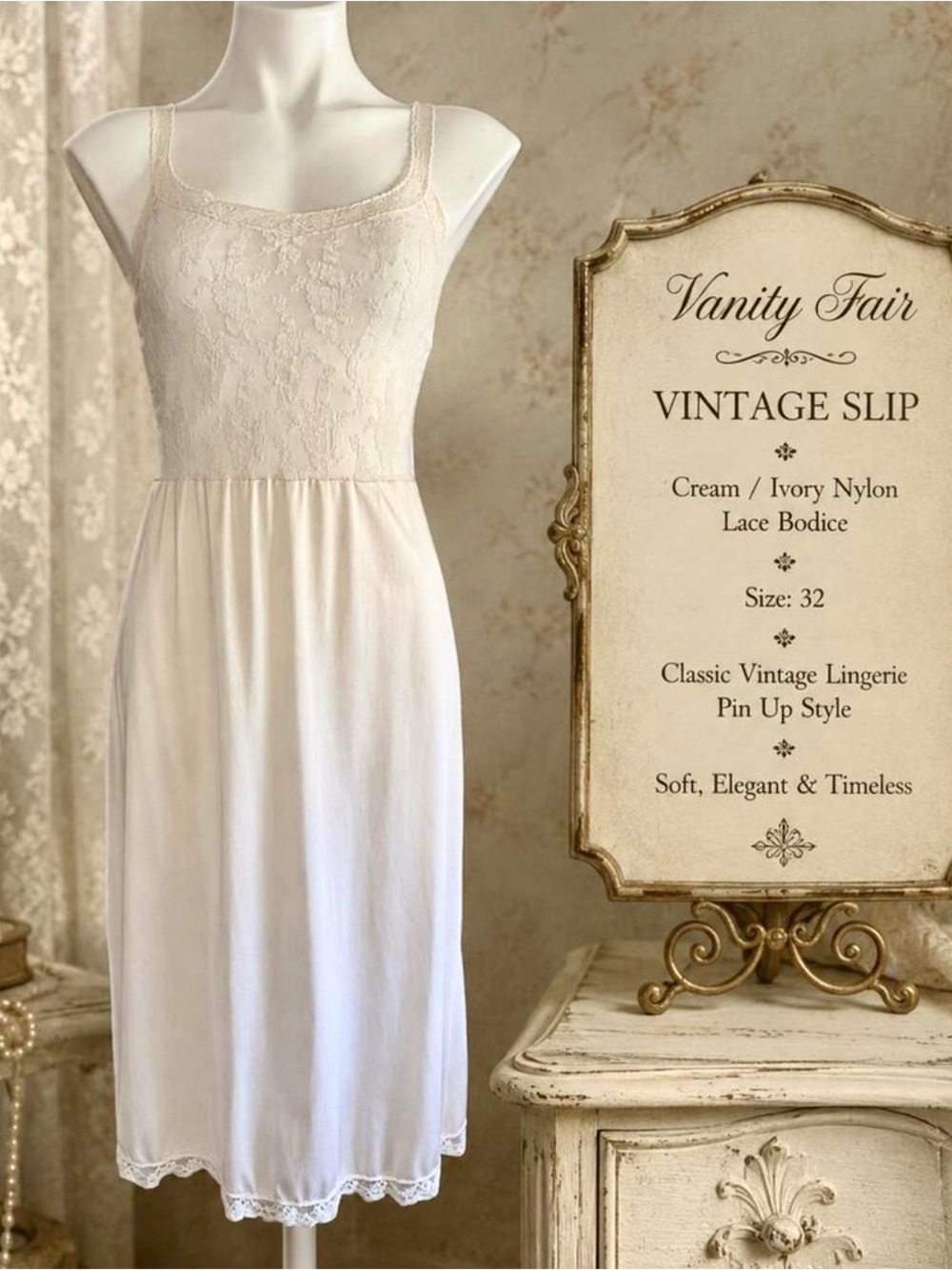Vanity Fair Vintage Slip Cream Ivory Nylon Lace Bodice Size 32 Pin Up Lingerie - Picture 1 of 7